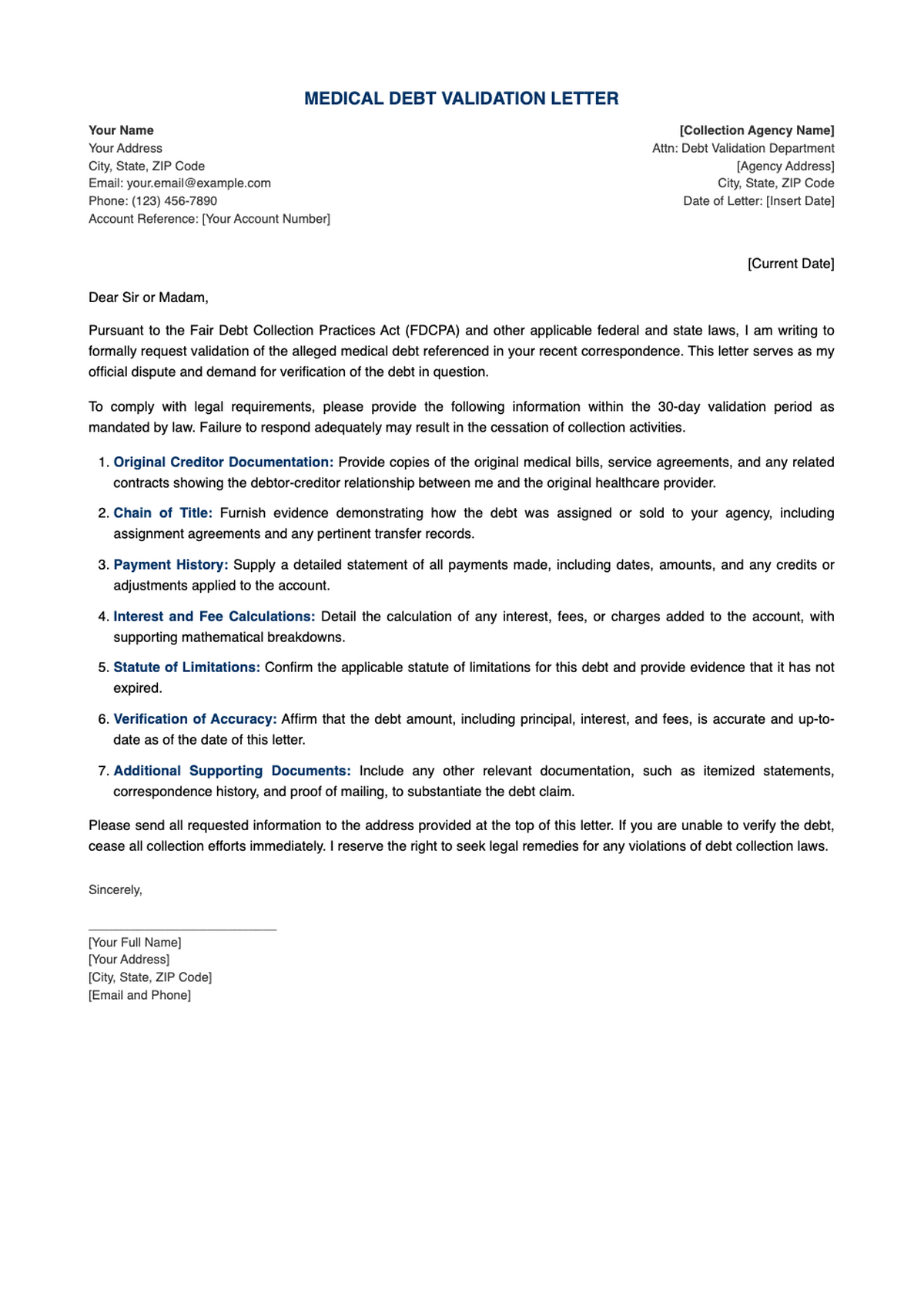 Medical debt validation letter template with placeholder fields and legal request details_variant_1